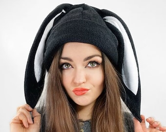 Black white Cap BUNNY Rabbit Hat cosplay kawaii nerd Animal Ears Beanie hat