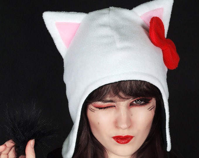 Animal Cap Kitty White Bow Fur Hat Ears Beanie Earmuffs Fleece Etsy