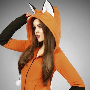 Hoodie fox orange kawaii nerd cosplay anime ears emo nerd