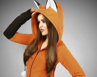 Hoodie fox orange kawaii nerd cosplay anime ears emo nerd