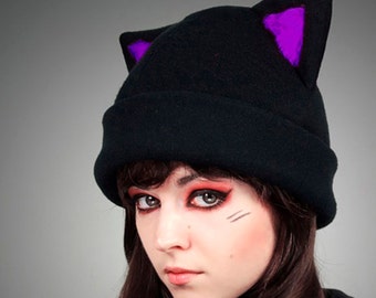 Black Cap Kitty Violet fake Fur Hat Kitty Purple Animal Ears Beanie kawaii cosplay Cat