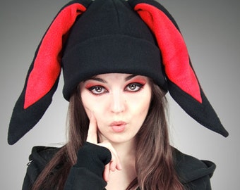 Black red Cap BUNNY Rabbit Hat cosplay kawaii nerd Animal Ears Beanie hat