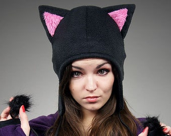 Cat Cap Black Kitty Baby pink Fur Hat Animal Ears Beanie earmuffs pompons