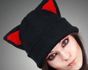 Black Cap Kitty Red Fur Hat CAT Animal Ears Beanie kawaii nerd cute