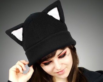 Black White Cap Kitty Fur Hat KItty Animal Ears Beanie earmuffs pompons
