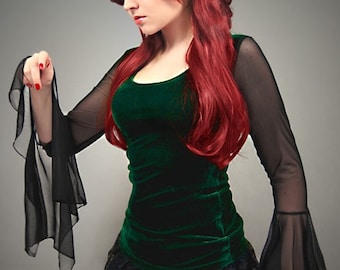 Green velvet blouse huge mesh sleeves goth fairy elf lace gothic black