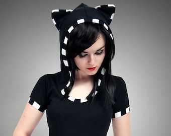 Black Cat Shirt Hoodie stripes ears Kitty kawaii