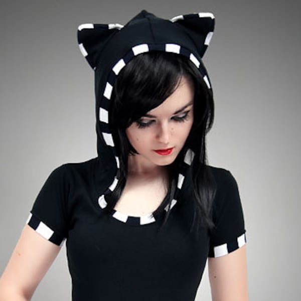 Black Cat Shirt Hoodie stripes ears Kitty kawaii