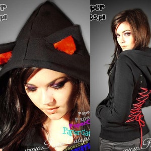 Hoodie black cat ears red corset kawaii kitty animal