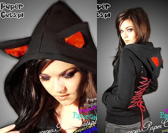 Hoodie black cat ears red corset kawaii kitty animal