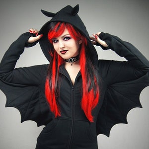 Bat black hoodie wings goth vampire ears animal