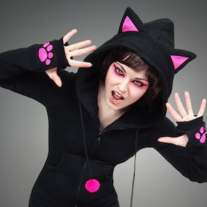 Hoodie black cat pink ears long kitty kawaii emo goth animal hood jumper
