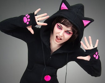 Hoodie black cat pink ears long kitty kawaii emo goth animal hood jumper