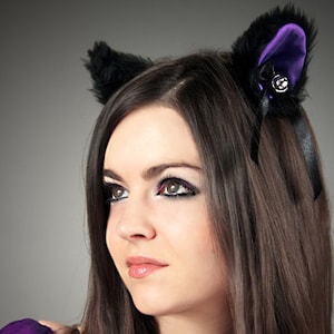 Kot uszy kociaka czarny fioletowy cosplay kawaii anime harajuku słodki dzwonek fioletowy