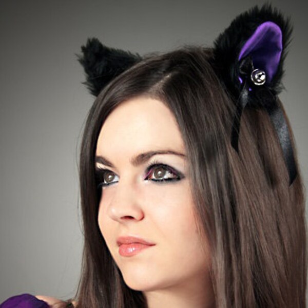 Kot uszy kociaka czarny fioletowy cosplay kawaii anime harajuku słodki dzwonek fioletowy