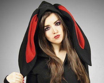 Bunny Rabbit Hoodie ears Kawaii black red animal nerd emo