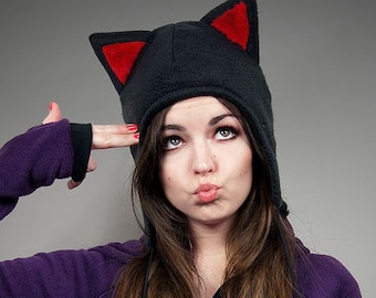 Cap Cat Animal Kitty Red Fur Hat Ears Beanie earmuffs pompons