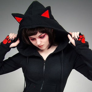 Langer Hoodie Ohren Katze schwarz rot Pfoten Kitty Kleid Emo Goth