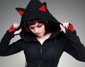 Long sweat à capuche oreilles de chat noir rouge pattes chaton robe emo goth