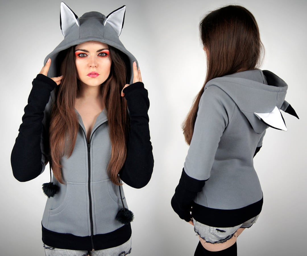 Hoodie Wolf Grey Fox Black Kawaii Nerd Cosplay Anime Ears