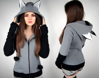 Hoodie wolf grey fox black kawaii nerd cosplay anime ears goth nerd