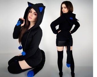Black Cat hoodie tail ears blue animal kitty paws pompoms nerd kawaii anime petplay