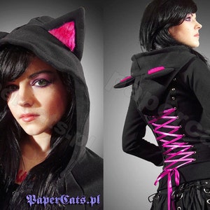 Hoodie black cat ears corset kawaii jumper hood black pink emo