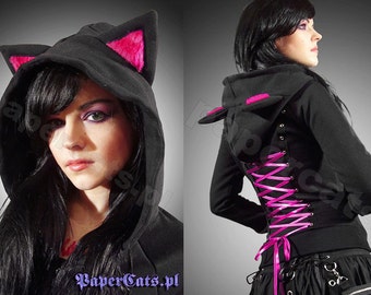 Hoodie black cat ears corset kawaii jumper hood black pink emo