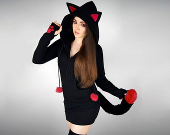 Kitty hoodie with tail BLACK red geekgirl nerd kawaii ears paws fur nu goth animal cute