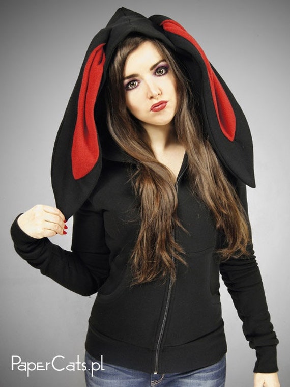 Bunny Rabbit Hoodie Ears Kawaii Black Red Animal Nerd Emo - Etsy