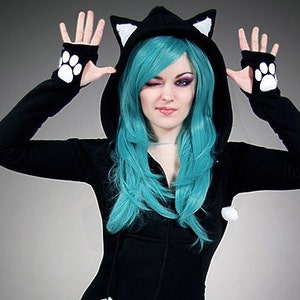 Black cat long hoodie ears animal kitty emo nerd dress