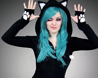 Black cat long hoodie ears animal kitty emo nerd dress