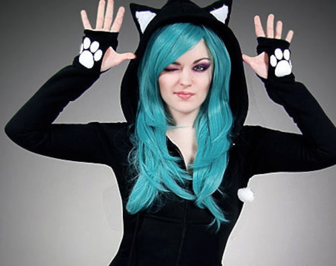 Black Cat Long Hoodie Ears Animal Kitty Etsy