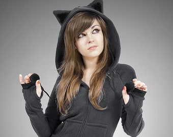 Cat hoodie Dark Grey Ears Kitty Cosplay nerd Animal Fleece Long Kawaii black