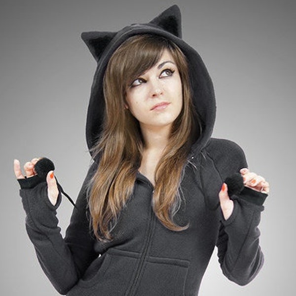 Cat hoodie Dark Grey Ears Kitty Cosplay nerd Animal Fleece Long Kawaii black