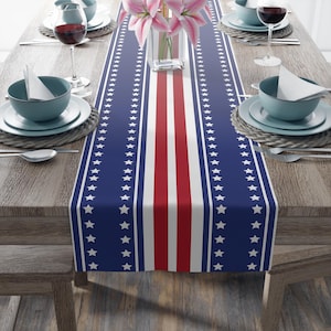 Op de afbeelding: Blauwe tafelloper met witte sterren en rood-witte strepen. De loper ligt op een houten tafel die gedekt is voor een maaltijd, met borden, kommen, glazen en bestek. In het midden staat een vaas met roze bloemen.