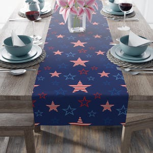 Pode incluir: Um caminho de mesa azul marinho com um padrão repetido de estrelas vermelhas, brancas e azuis. As estrelas são contornadas em azul ou preenchidas com listras vermelhas e brancas. O caminho de mesa é colocado sobre uma mesa de madeira.