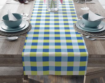 green and blue linen gingham Table Runner, birthday Party Decor , Home Decor, Cotton Poly Blend, thanksgiving table runner, Holiday decor