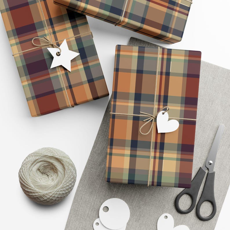 Brown Plaid Tartan Wrapping Paper | Classic Preppy Gift Wrap | Cozy Neutral Check Holiday Packaging for Aesthetic Presents image 2