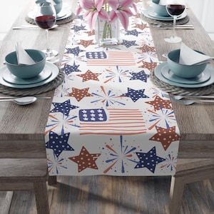 Patriotic Table Runner, 4th of July Party Decoration, Home Decor, Cotton Poly Blend, American Flag Pattern, Stars and Stripes, Independence