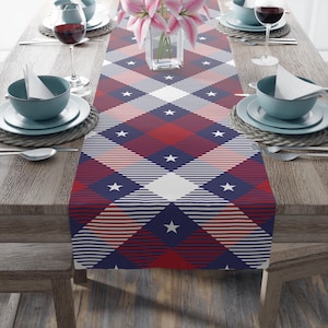May include: A table runner with a patriotic design. The runner features a plaid pattern in red, white, and navy blue, with white stars scattered across the design. The runner is placed on a wooden table set for a meal, with plates, bowls, and glasses.