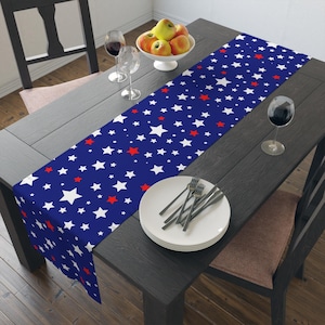 May include: A blue table runner featuring a pattern of white and red stars. The runner is on a dark wooden table, with a white bowl of fruit, wine glasses, and a plate with cutlery.