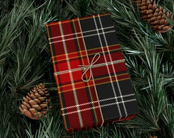 Red Black Tartan Christmas Wrapping Paper, Masculine Plaid Gift Wrap Roll, Heritage Holiday Paper, Classic Preppy Christmas Present Wrap