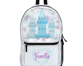 Personalisierter Eisprinzessin Rucksack | Glitzernde Design Blaue Tasche für Mädchen | Benutzerdefinierte Name Schulrucksack | Zauberhaftes Wintergeschenk für Kinder & Fans