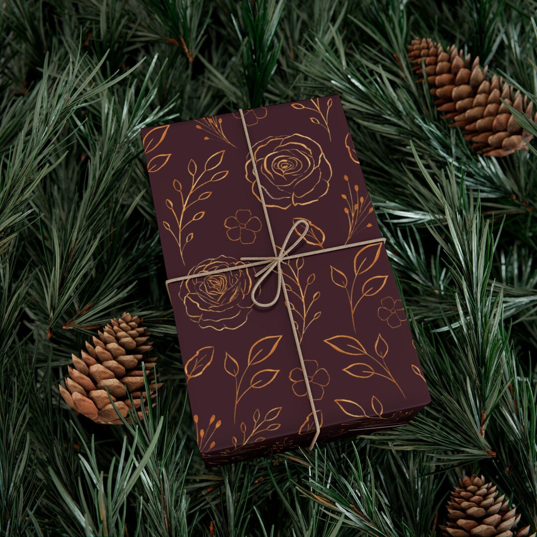Burgundy and Gold Roses Wrapping Paper Elegant Floral Gift Wrap Luxury ...