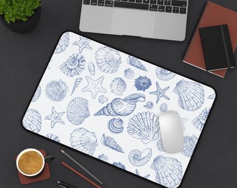 Blue Retro Sea Shell Desk Mat | Custom Ocean Snail Starfish Pad | Aesthetic Nautical Office Decor | Trendy Coastal Gift for Sea Lovers