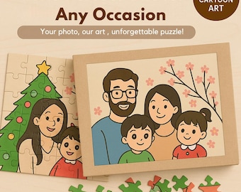 May include: A custom cartoon art puzzle featuring a family portrait. The puzzle is displayed with some pieces assembled and others scattered. Text reads "The Perfect Gift for Any Occasion" and "Your photo, our art, unforgettable puzzle!"
