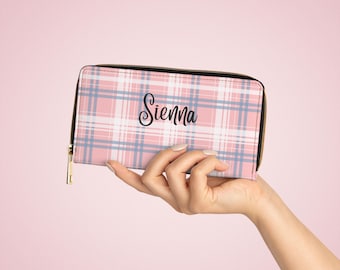 Custom Plaid Zipper Wallet, christmas gift, aesthetic zipper wallet, Plaid pink handbag, Plaid pink wallet,  gift for mom, girlfriend gifts
