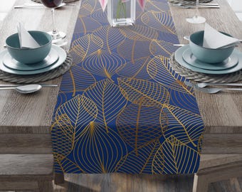Luxury Gold and blue Leaves Table Runner, Cotton Poly Blend - Christmas Party Decor, Home Decor, Thanksgiving Tablecloth, boho fall Decor
