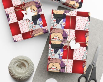 Anime Inspired Cursed King Valentine Wrapping Paper jjk Chibi Villain Heart Pattern Gift Wrap for Otaku Birthdays and Galentines